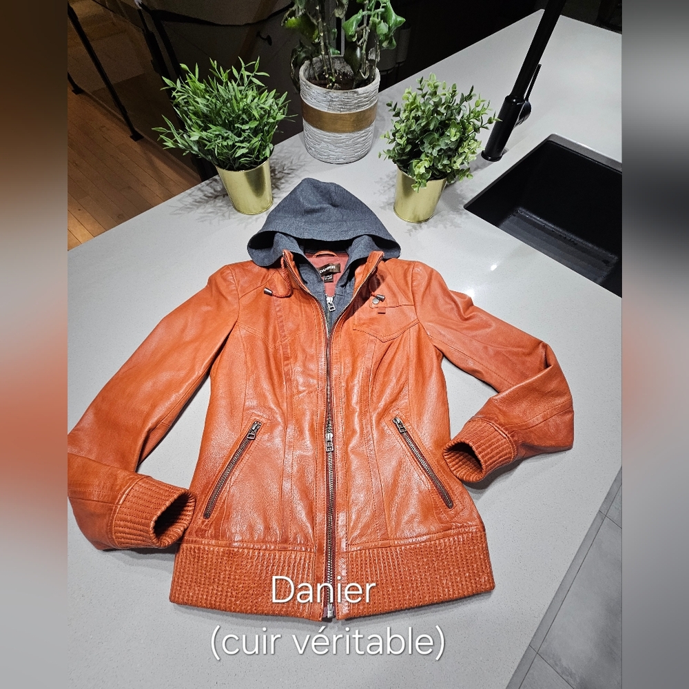 DANIER Superbe veste en cuir véritable avec capuchon rétractable